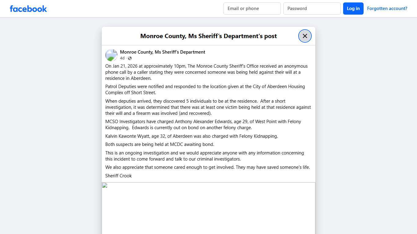 On Jan 21, 2026... - Monroe County, Ms Sheriff’s Department Facebook